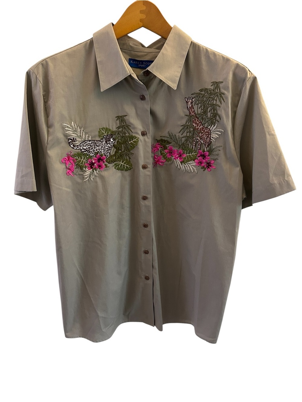 🐅🦒Karen Scott Taupe Short-Sleeve Button-Up with Safari Pink Floral Embroidery L